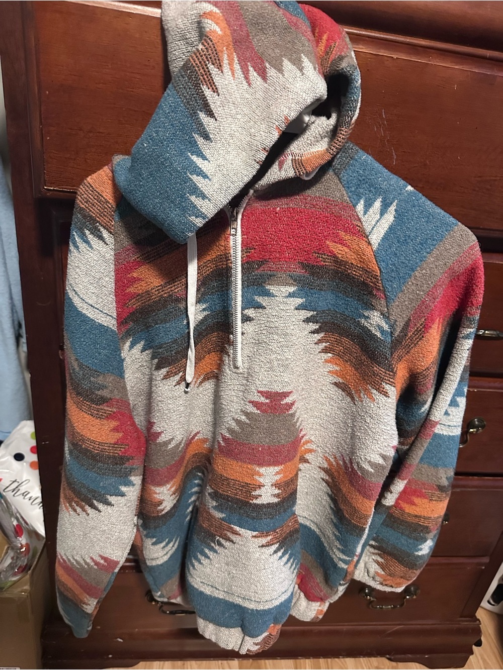 Southwestern Pattern Pullover Hoodie in Teal, Red, Orange, Tan